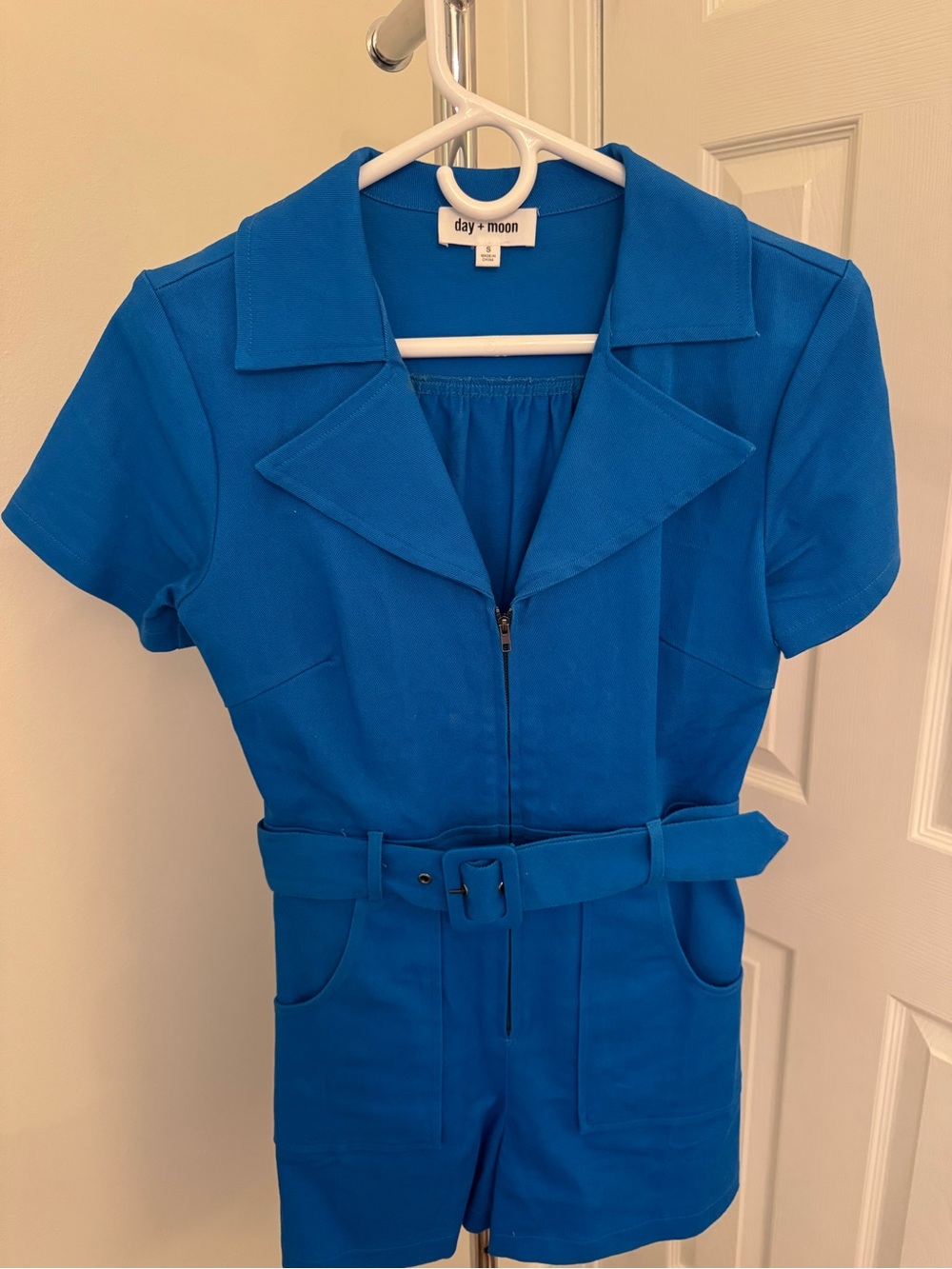 day + moon Royal Blue Short Sleeve Belted Romper